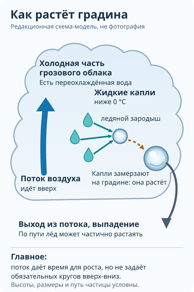 Условный разрез грозового облака: синяя стрелка показывает восходящий поток воздуха; маленькие стрелки ведут от переохлаждённых жидких капель к ледяному зародышу; после обрастания каплями выросшая градина выходит из потока и падает. Обязательных кругов вверх-вниз нет.