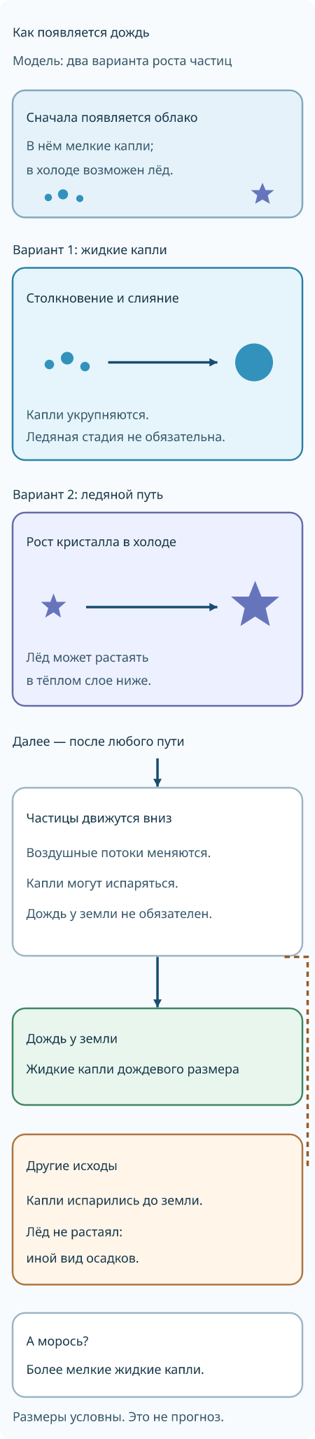 Модель образования дождя: мелкие капли в облаке могут сливаться в более крупные; отдельно в холодной части могут расти ледяные кристаллы, которые могут растаять в тёплом слое. Стрелки ведут вниз к жидким каплям дождевого размера у земли; боковые ветви показывают испарение до земли и другой вид осадков, если лёд не растаял.