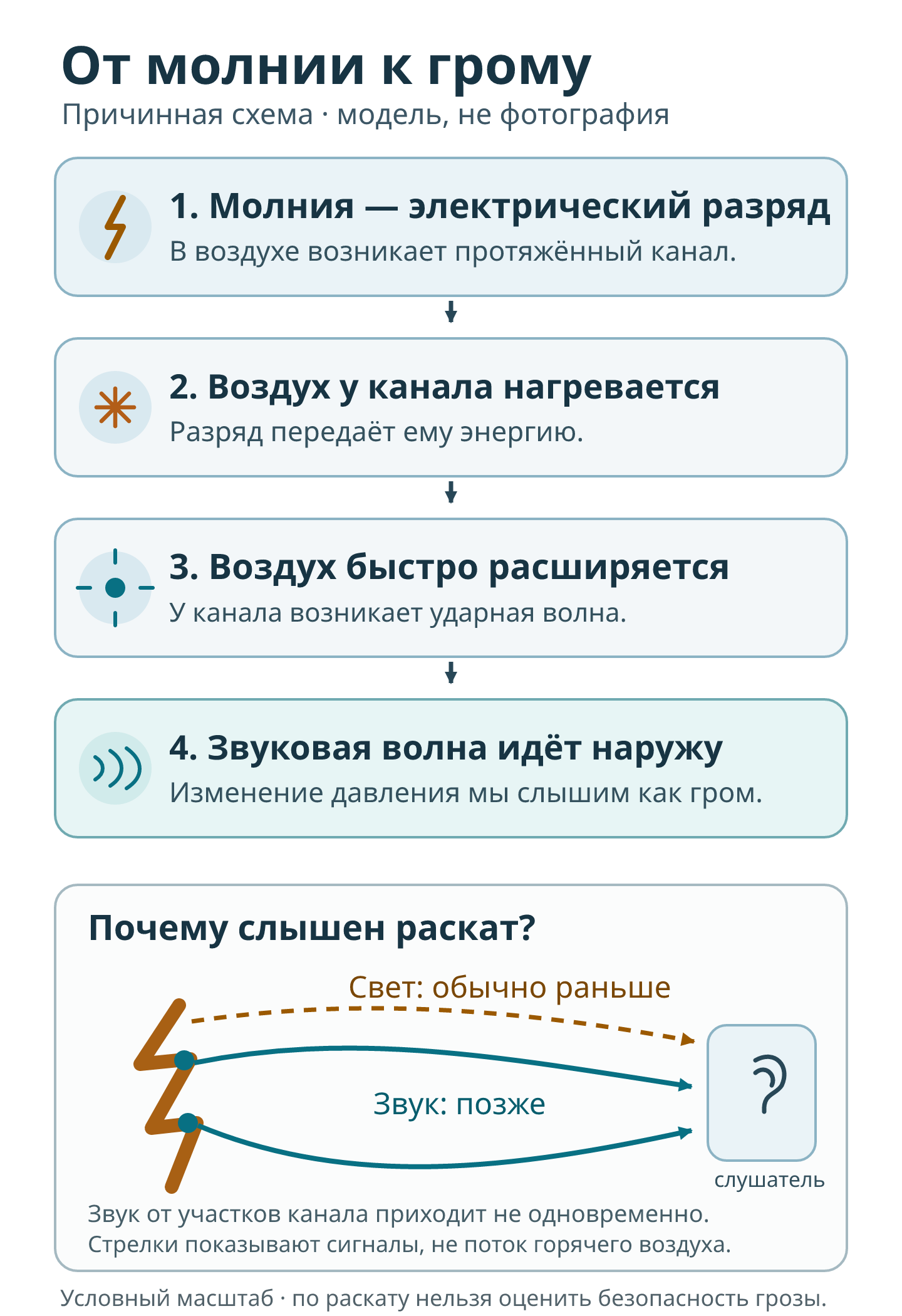 Причинная схема грома: электрический разряд резко нагревает воздух вдоль канала, быстрое расширение создаёт волну давления, затем звук распространяется к слушателю от разных участков канала. Слышный гром предупреждает о возможной опасности молнии.